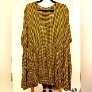 Plus Size Mustard Yellow Gingham Print Flowy Blouse with Front Pockets 3X 4X